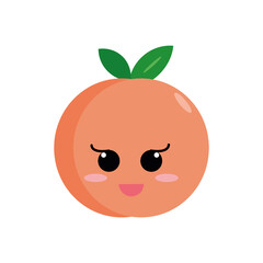 peach with a cute smiling face in vector flat isolated on white. fruit, character, card, sticker, icon, poster
