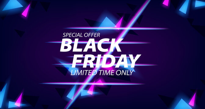Black friday sale banner template with glowing neon lamp for night and trendy