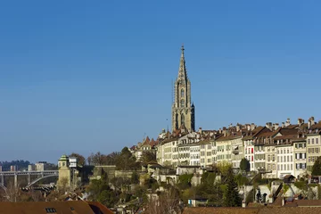 Deurstickers View oh the old Town and The Bern Minster cathedral in Bern, switzerland © hectorchristiaen