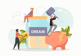 Giant glass jar, piggy bank with gold coins, tiny people collecting money to fulfill the dream, flat vector illustration