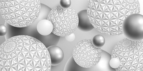 Background with 3D balls. Realistic carved and silver balls on gray backdrop. Vector illustration textured spheres. Festive background with bubbles. Holiday banner. Design banner, cover, wallpaper.