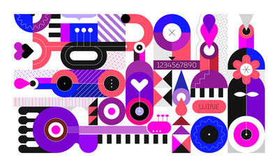 Love, Wine and Music. Abstract art design of wine bottles and music instruments isolated on a white background. Geometric style graphic illustration.