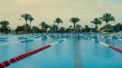 Beautiful view of swimming pool near palm trees. Open air puddle in sunset.