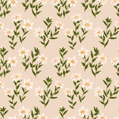 Soft creamy edelweiss seamless vector pattern. Flowers with buds planted in a garden. Floral repeat in pale pinks, white and yellow. Great for home décor, fabric, wallpaper, stationery, design project