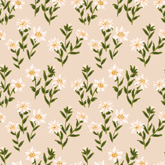 Naklejka premium Soft creamy edelweiss seamless vector pattern. Flowers with buds planted in a garden. Floral repeat in pale pinks, white and yellow. Great for home décor, fabric, wallpaper, stationery, design project