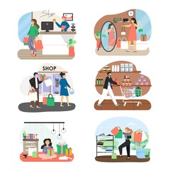 Shopping people cartoon character set, flat vector illustration.