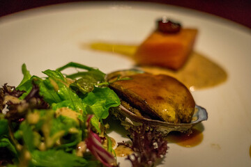 an appetizer of briased abalone and salmon cube with salad on the side