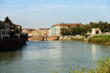 River Adige in Verona downtown with the Ponte Giuseppe Garibaldi (Bridge, 1864), UNESCO world heritage site. Veneto, Italy, Europe