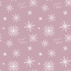 Cozy cute square seamless snowflake pattern for new year on pink background. Doodle digital art outline. Print for wrapping paper, scrapbooking, wallpaper, web decor, postcard, textiles, fabric