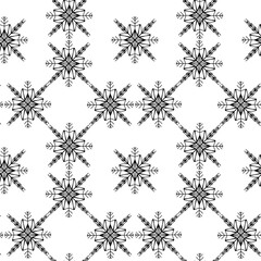 Cozy cute square seamless snowflake pattern for new year on white background. Doodle digital art outline. Print for wrapping paper, scrapbooking, wallpaper, web decor, postcard, textiles, fabric
