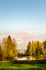 Autumn landscape with a lake, yellowed trees and a small white stand in the distance