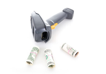 Scanning gun and dollar bills on white background