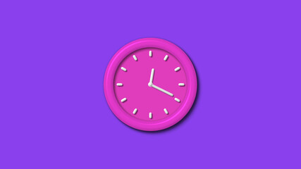 New pink color 3d wall clock isolated on purple background,counting down 3d wall clock