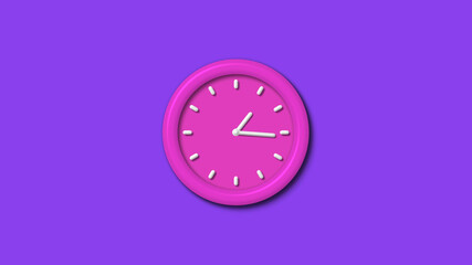 New pink color 3d wall clock isolated on purple background,counting down 3d wall clock