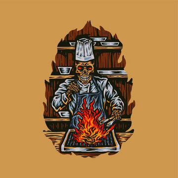 Skeleton Chef Grilling Meat, Hand Drawn Line Style With Digital Color, Vector Illustration