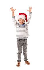 Cute little boy in Santa hat on white background