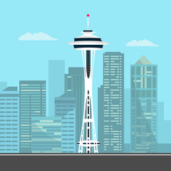 Seattle city skyline. Vector city of space needle the iconic tower of seattle - obrazy, fototapety, plakaty