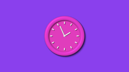 New pink color 3d wall clock isolated on purple background,counting down 3d wall clock