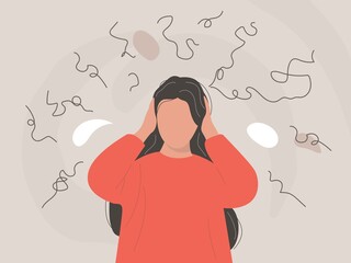 Frustrated woman with nervous problem feel anxiety and confusion of thoughts vector flat illustration. Mental disorder and chaos in consciousness. Girl with anxiety touch head surrounded by think