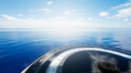 Compass on ship boat blue summer sea ocean day with bright sky. Marine navigation cruise background...