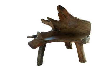Root furniture on isolate white texture background with copy space and clipping path. Table chairs are made from stumps, roots, wood, and stumps that are processed. Most of them are Takian wood, Padau