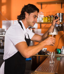 Smiling man barman pouring golden beer to glass in modern cafe