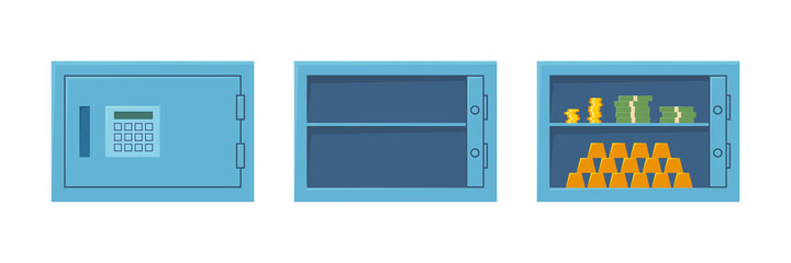 Closed safe, open empty safe and cabinet with money and gold bars. Steel strongbox with combination lock. Isolated vector illustration in flat style