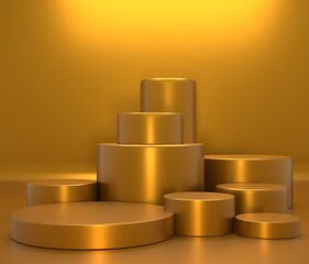 Concept product shelf podium gold color or empty pedestal display on vivid fashion background with minimal . 3D rendering