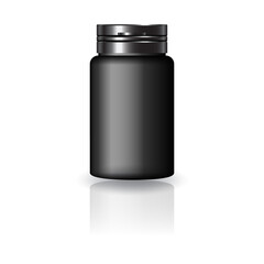 Black medicine round bottle with black cap lid for beauty or healthy product.