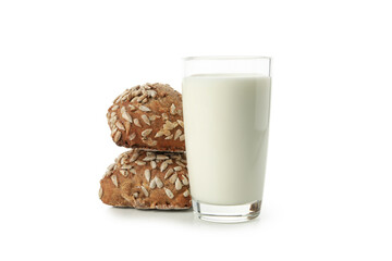 Buns and glass of milk isolated on white background