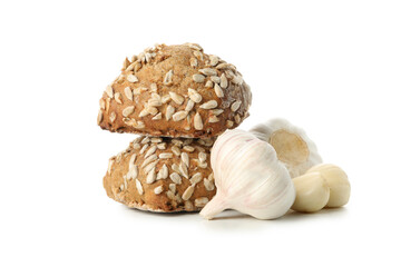 Buns with sunflower seeds and garlic isolated on white background