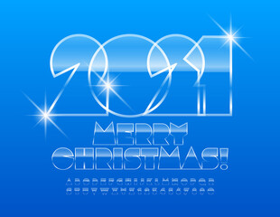 Vector creative greeting card Merry Christmas 2021! Glossy cold Font. Iced Alphabet Letters and Numbers
