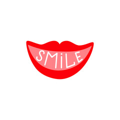Obraz premium The inscription is smile. Red lips. Vector illustration.