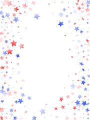 Flying red blue white star sparkles on white vector american patriotic background.