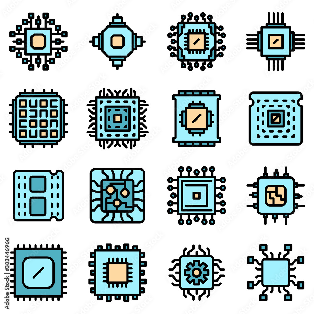 Poster processor icons set. outline set of processor vector icons thin line color flat on white