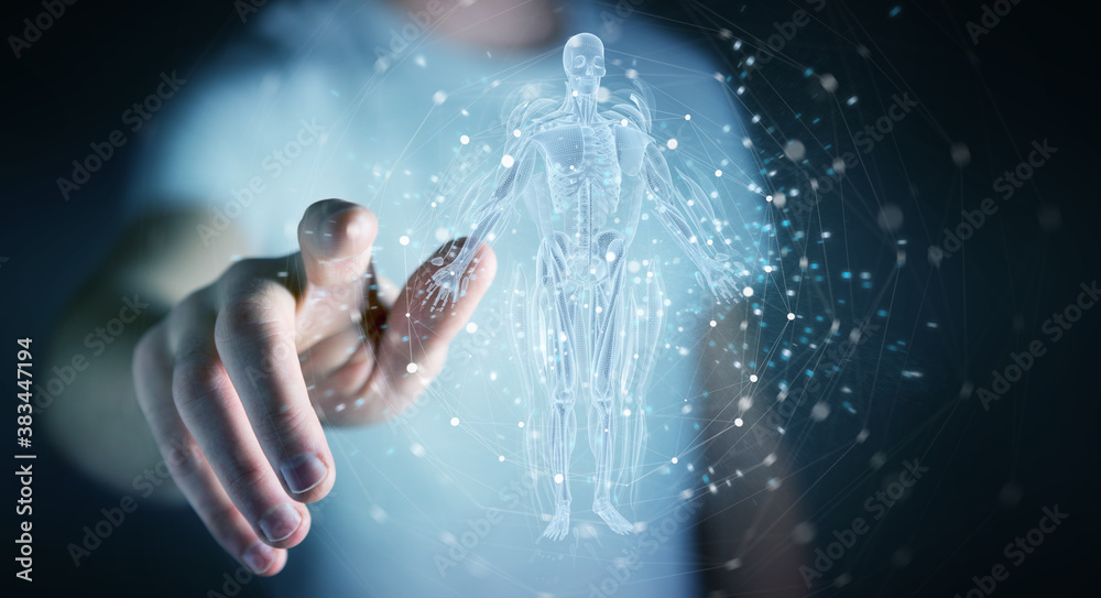 Aufkleber Man using digital x-ray human body holographic scan projection 3D rendering