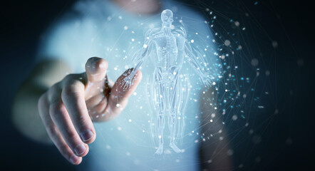 Naklejka na ściany i meble Man using digital x-ray human body holographic scan projection 3D rendering