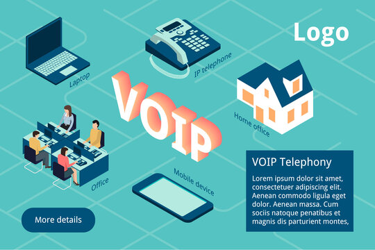VoIP system configuration diagram in isometric view.Website page template for an IP company showing the advantages of IP telephony for business-the ability to make calls from a laptop,home office,etc.