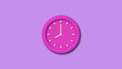 New pink color 3d wall clock isolated on purple light background,12 hours wall clock