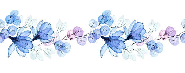 watercolor illustration, seamless horizontal border with transparent flowers. transparent magnolia flowers and eucalyptus leaves of pink and blue flowers. pastel colors, vintage design