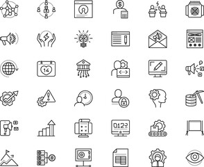 business vector icon set such as: meeting, professional, announce, conservation, pro, travel, web layout, secure, efficacy, economy, envelope, text, economist, analytics, closed, logic, safety