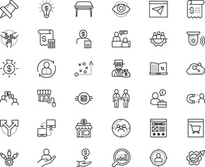 business vector icon set such as: engagement, knowledge, banner, action, front, stealing, bargain, targeted, pinned, flowchart, goal, web page, earnings, door, share, e-learning, landing, machinery