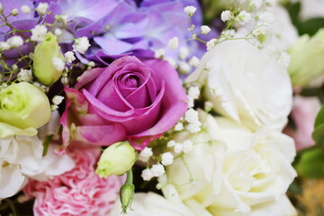 Close up beautiful Pink rose flower Hydrangea and carnation bouquet