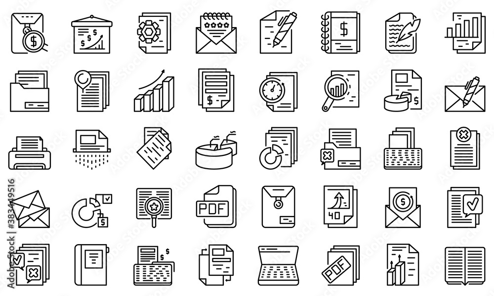 Poster report icons set. outline set of report vector icons for web design isolated on white background