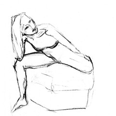Woman hand drawn sitting in an awkward dynamic pose