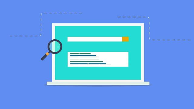 Search engine ranking development. Search ranking changing and displaying on laptop screen, seo algorithm, search optimization, magnifying glass and search bar concept. 2d animation, 4k video clip.