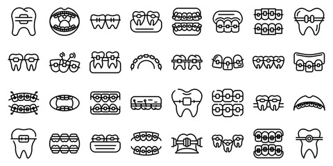 Tooth braces icons set. Outline set of tooth braces vector icons for web design isolated on white background