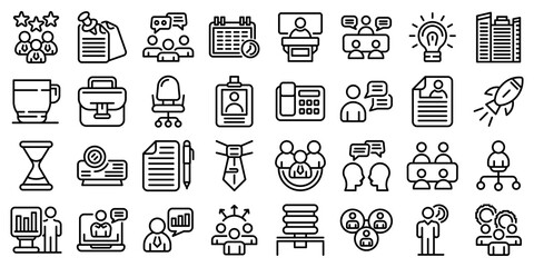 Meeting icons set. Outline set of meeting vector icons for web design isolated on white background