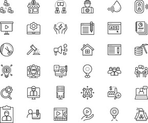 business vector icon set such as: campaign, liquid, sale, exterior, station, solve, speak, round, employment, player, cooling, magnifier, stay home, house, law, search settings, contractor, reading