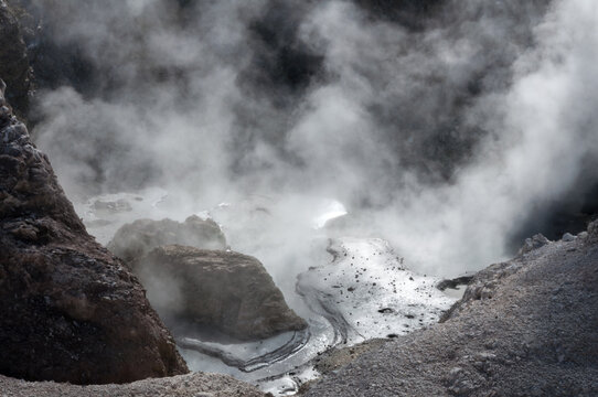 Boiling mud at geothermal Wai-O-Tapu thermal wonder park, North island of New Zealand - Powered by Adobe